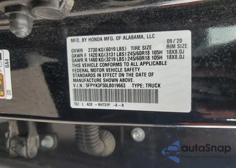 2020 Honda Ridgeline Rtl z USA, uszkodzony, nr VIN 5FPYK3F50LB019663